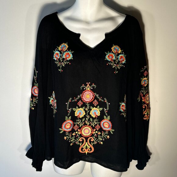 Savanna Jane SZ 2X  Black Embroidered Peasant Top Romantic Boho Cottage Western - Picture 1 of 9